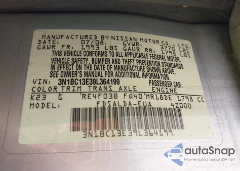 2009 Nissan Versa 1.8S z USA, uszkodzony, nr VIN 3N1BC13E39L364199